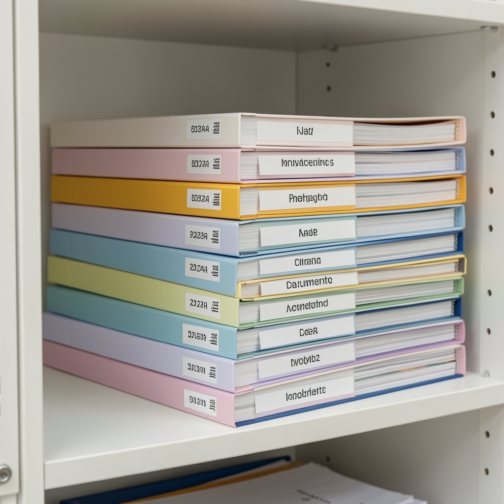Cajas para documentos y carpetas A4 apiladas con etiquetas legibles en estantería clara