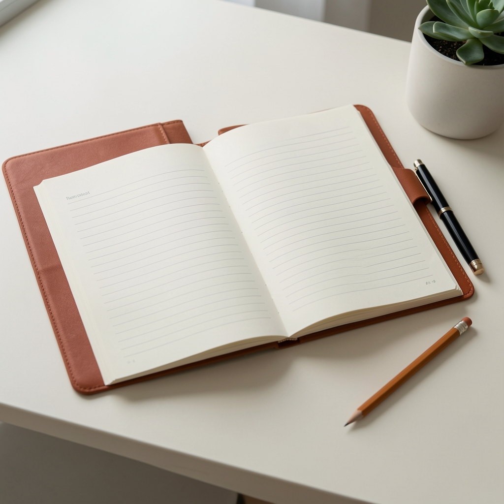 Agenda semanal A5 abierta con cubierta terracota y lápiz sobre escritorio claro