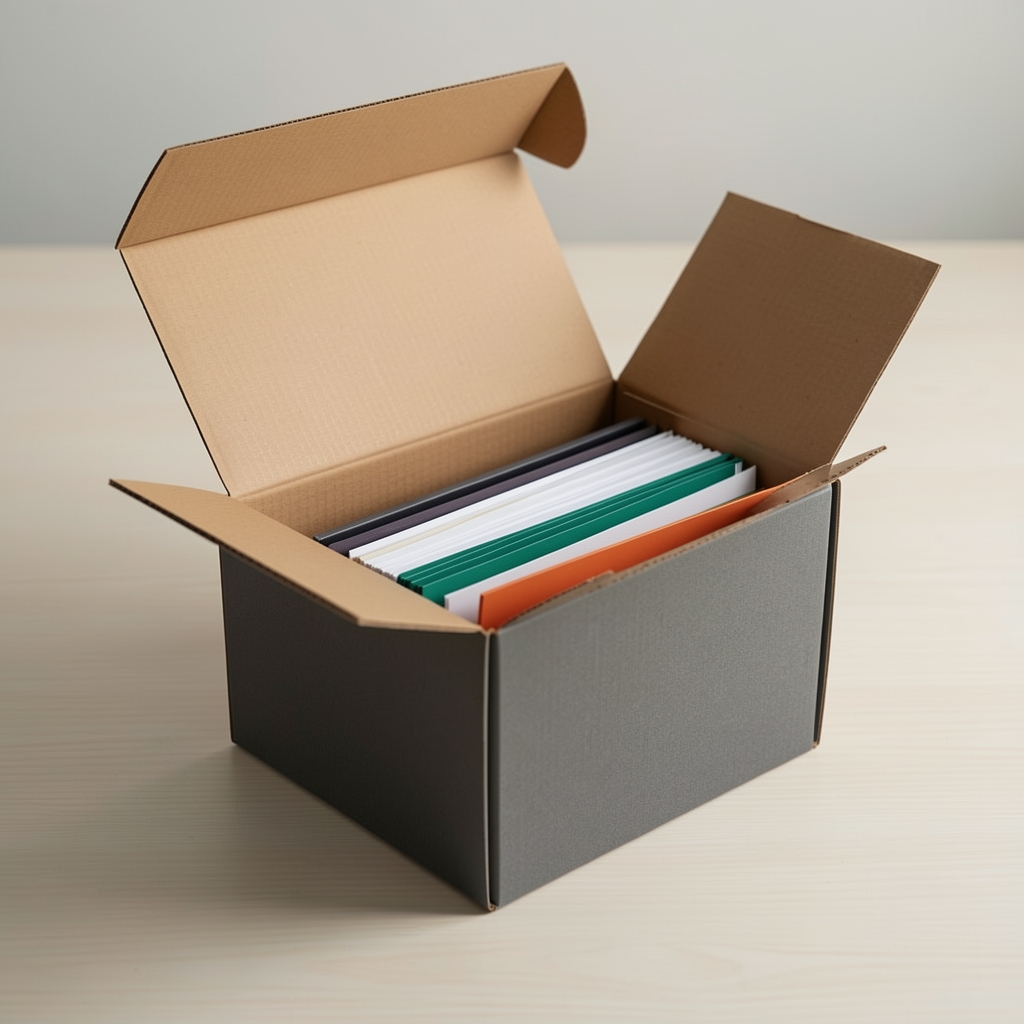 Caja de cartón grafito para documentos con tapa entreabierta y carpetas visibles