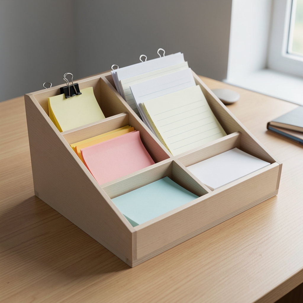 Organizador de escritorio con clips, notas adhesivas y papeles separados por compartimento