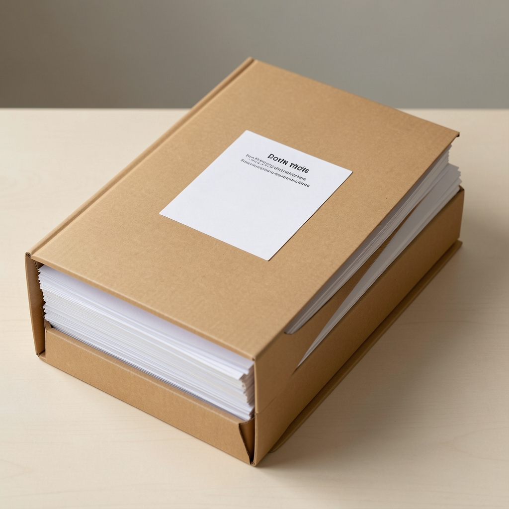 Caja para documentos de cartón rígido color arena con etiqueta frontal y carpetas