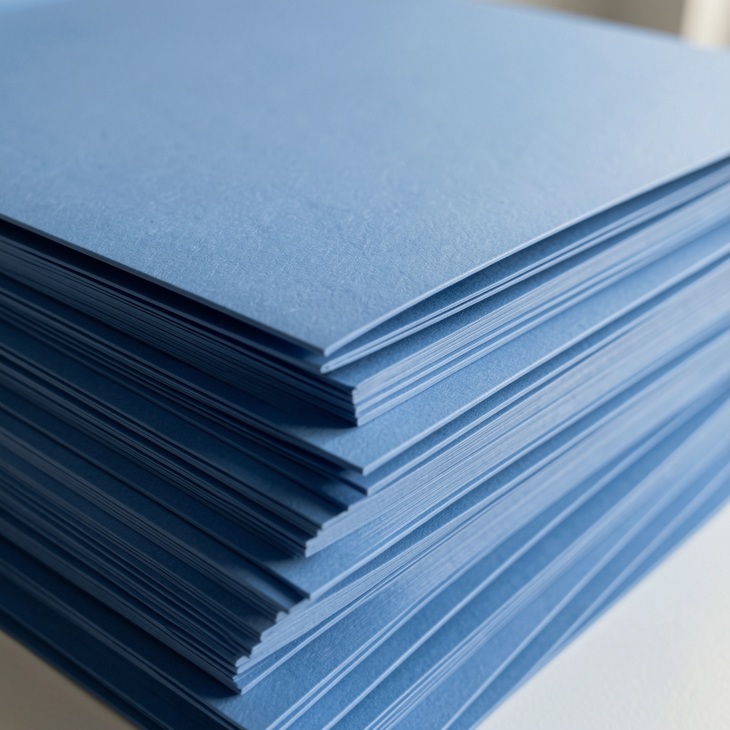 Detalle de textura de carpeta de polipropileno azul apagado con hojas A4 ordenadas