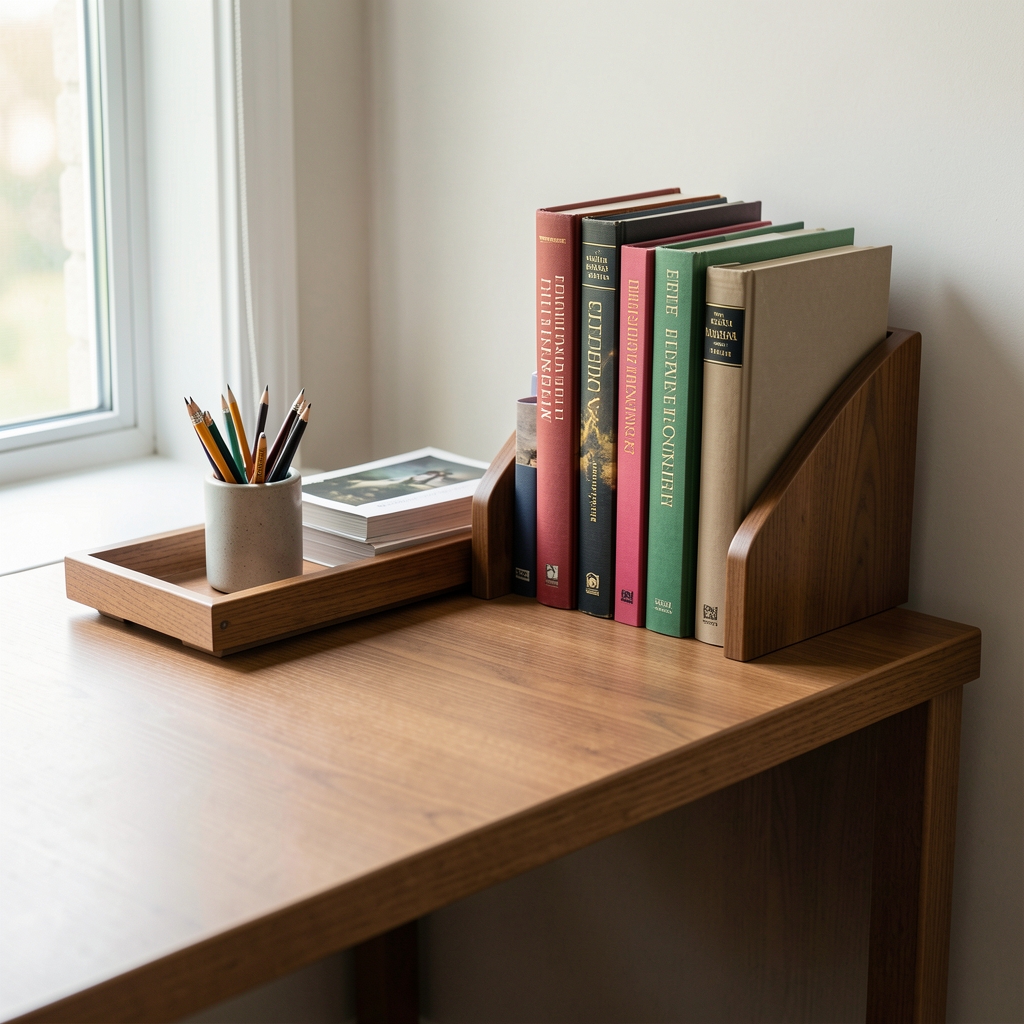 Escritorio pequeño con bandeja, portalápices y soporte para libros en composición ordenada