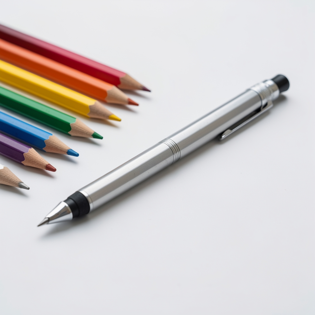 Lapicero de acero grafito con lápices de colores sobre superficie blanca