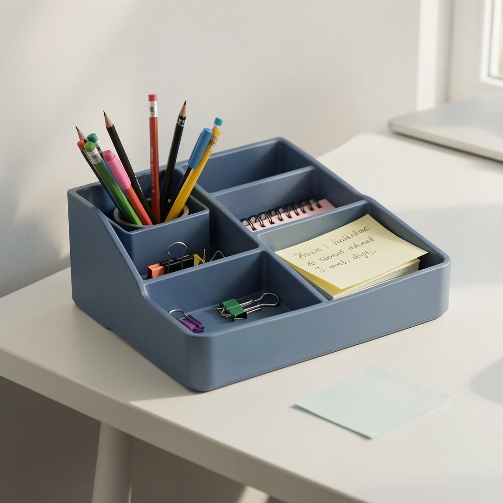 Organizador de escritorio modular azul apagado con lápices, clips y notas sobre mesa clara