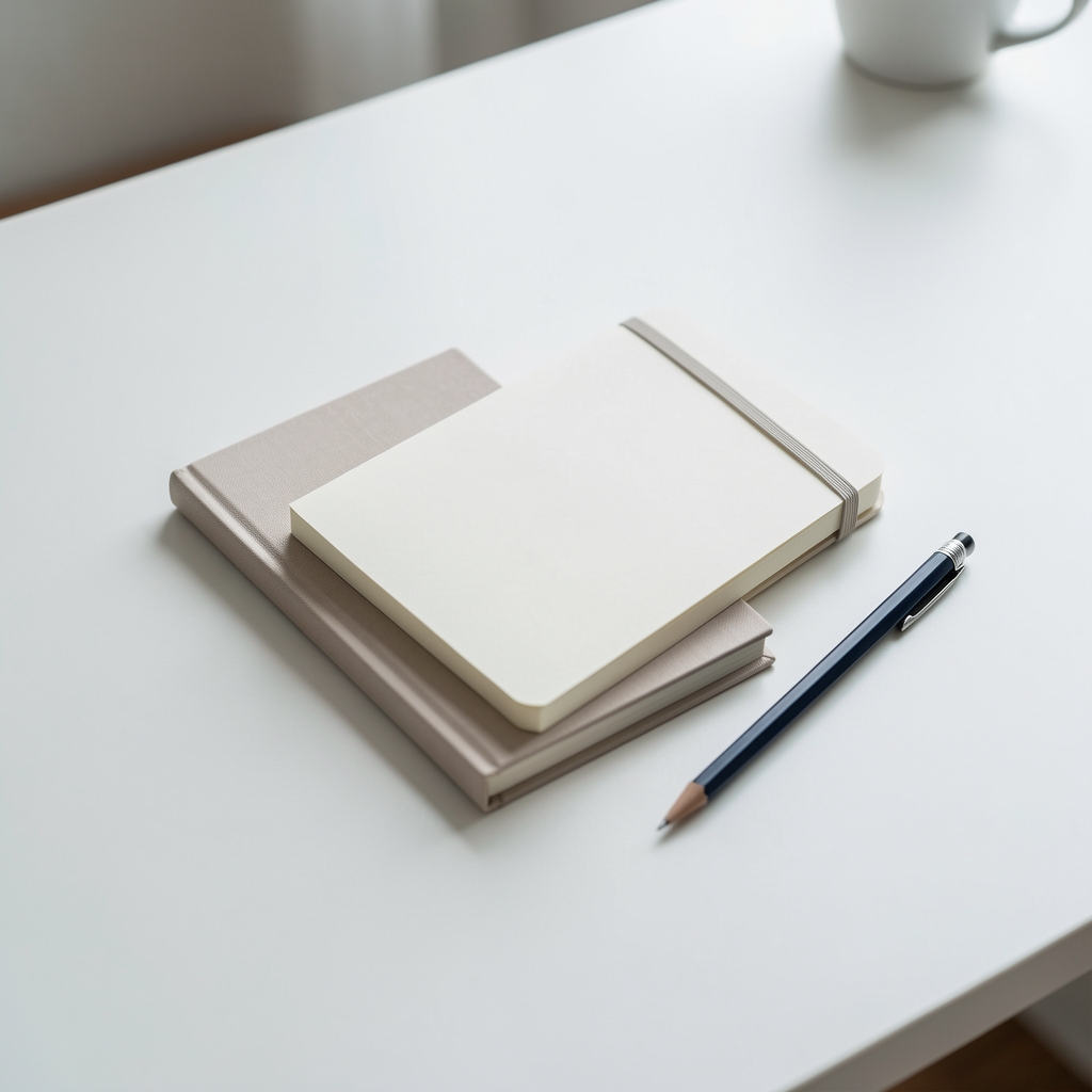 Composición de agenda, bloc de notas y lápiz sobre escritorio claro sin personas