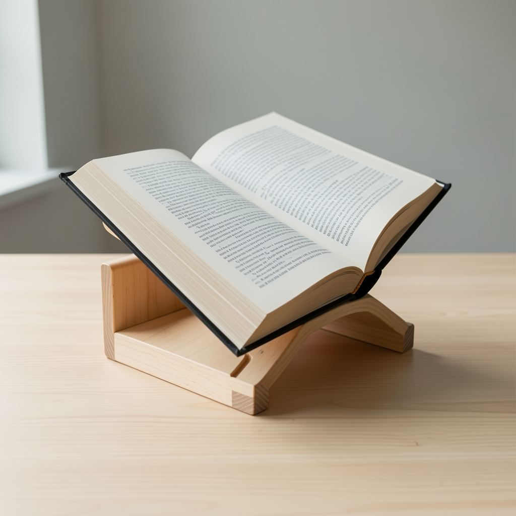 Soporte para libros de madera clara sosteniendo un libro abierto sobre escritorio vacío